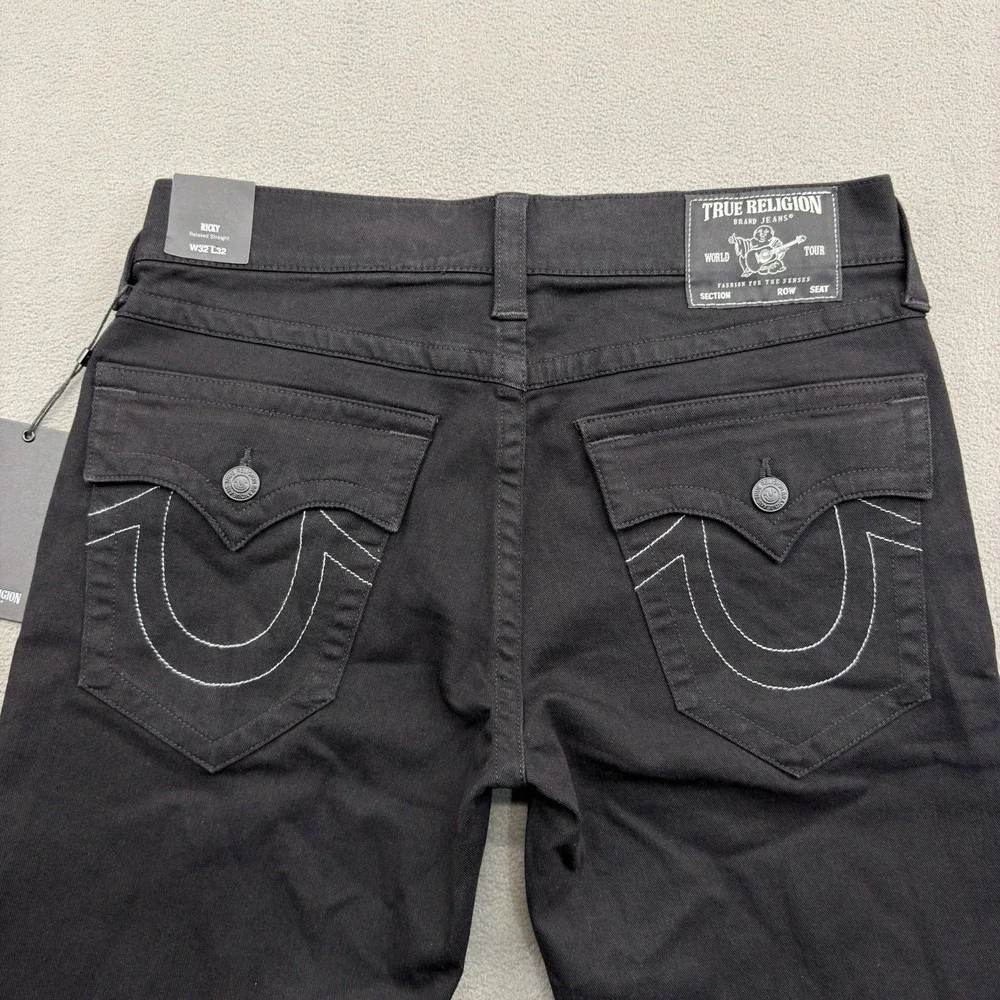 True Religion Ricky Straight Jeans Mens 32x32 Black Denim Flap SN Relaxed $149